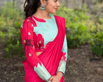 Pink marble silk saree with embroidery blouse