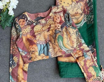 Sári verde de organza macia com blusa kota kalamkari