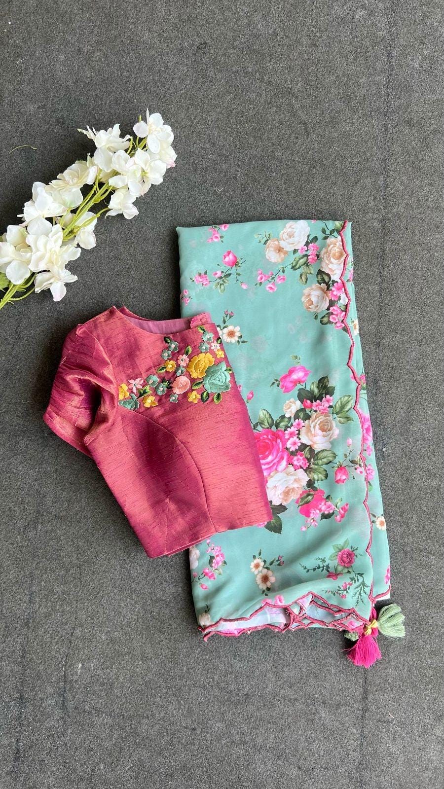 Blue Floral Georgette Saree With Pink Embroidery Blouse - Etsy