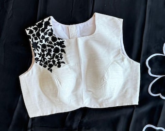 Sári preto de organza macia com blusa bordada