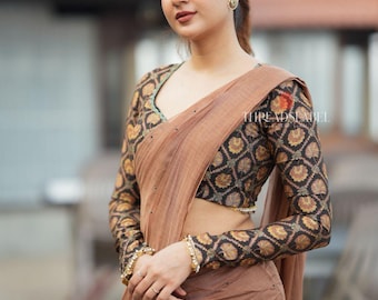Saree malai chanderi marrom com blusa estampada Ajrak