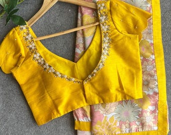 Gele sari van viscose met bloemenprint en handgemaakte blouse