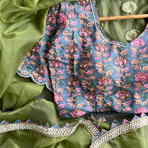Green soft organza saree with cotton handwork blouse image 10