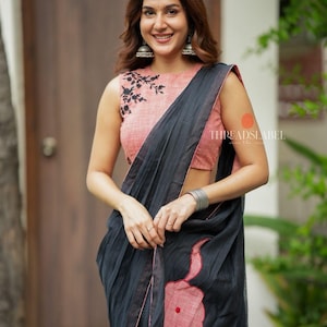 Black mul chanderi saree with pink embroidery blouse