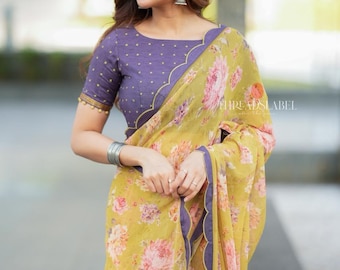 Mehandi green georgette saree with hand work blouse