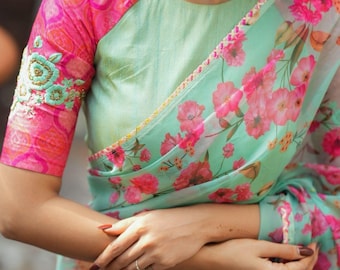 Sari de organza floral Pista com blusa feita à mão