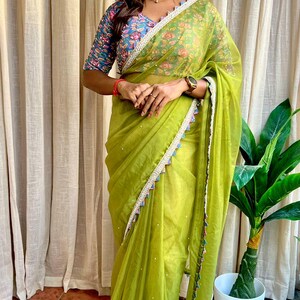 Green soft organza saree with cotton handwork blouse image 9