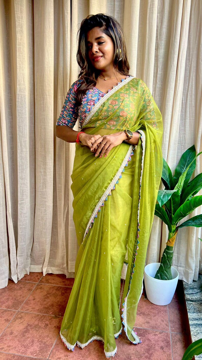 Green soft organza saree with cotton handwork blouse image 9