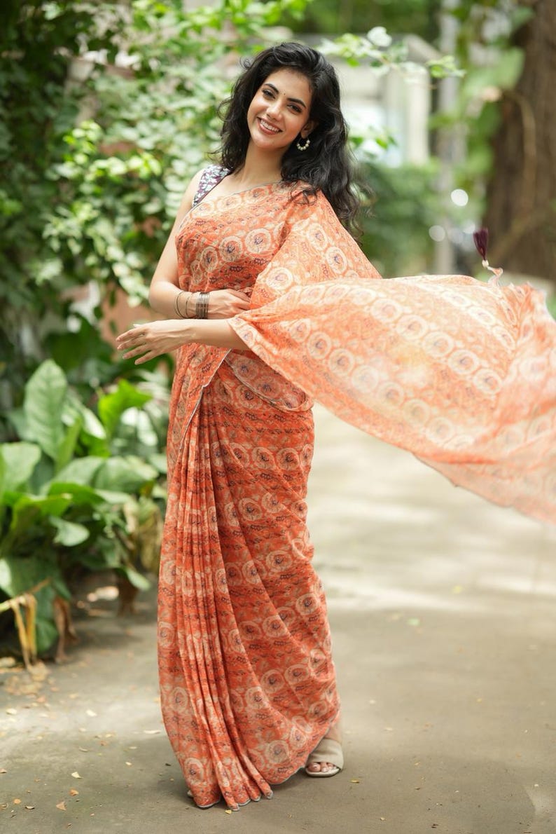 Pastel peach chiffon saree with brown hand work blouse image 6