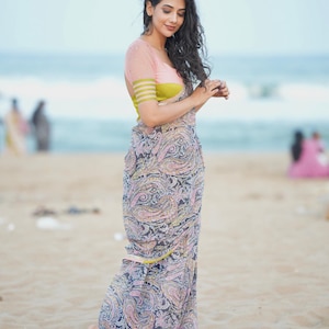 Midnight blue paisleys chiffon saree with hand worked blouse image 5