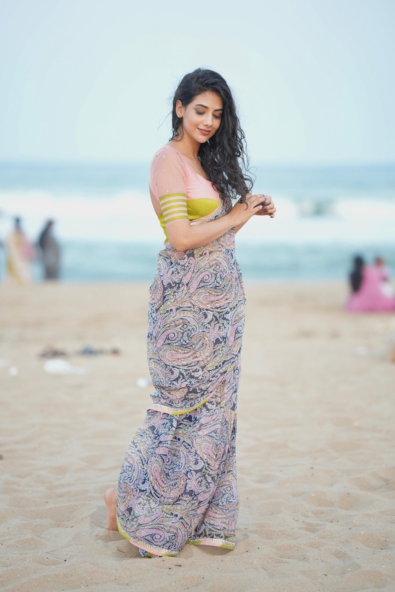 Midnight blue paisleys chiffon saree with hand worked blouse image 5