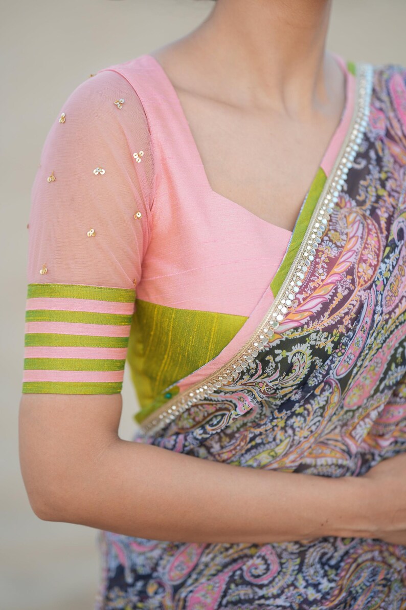 Midnight blue paisleys chiffon saree with hand worked blouse image 4