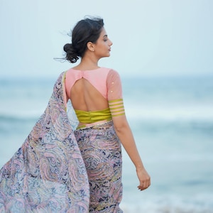 Midnight blue paisleys chiffon saree with hand worked blouse image 10