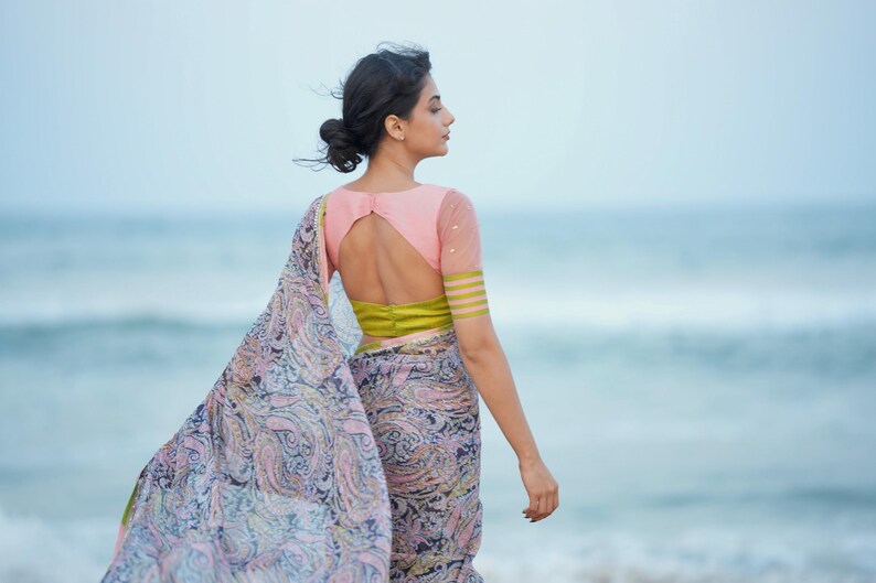 Midnight blue paisleys chiffon saree with hand worked blouse image 10