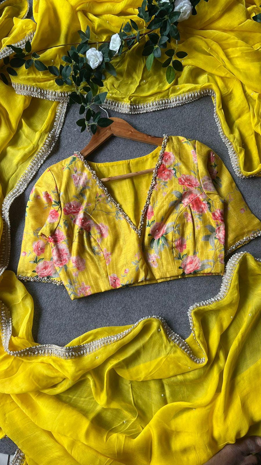Yellow jute saree with pearl hand worked blouse