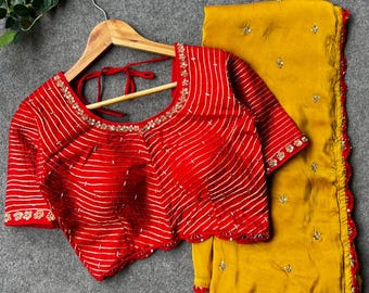 Mustard yellow hand made saree with red blouse