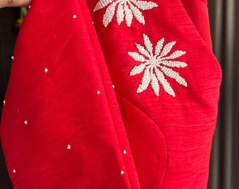 Red pearl hand worked blouse