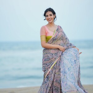 Midnight blue paisleys chiffon saree with hand worked blouse image 7