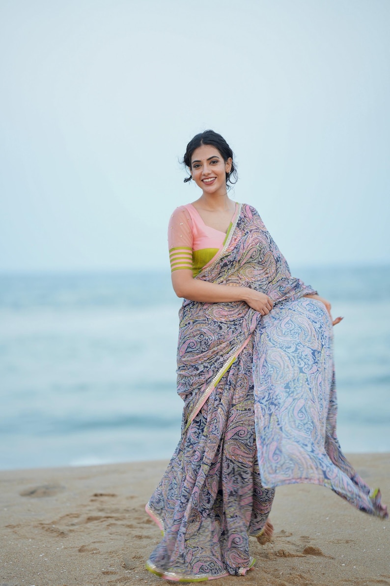 Midnight blue paisleys chiffon saree with hand worked blouse image 7