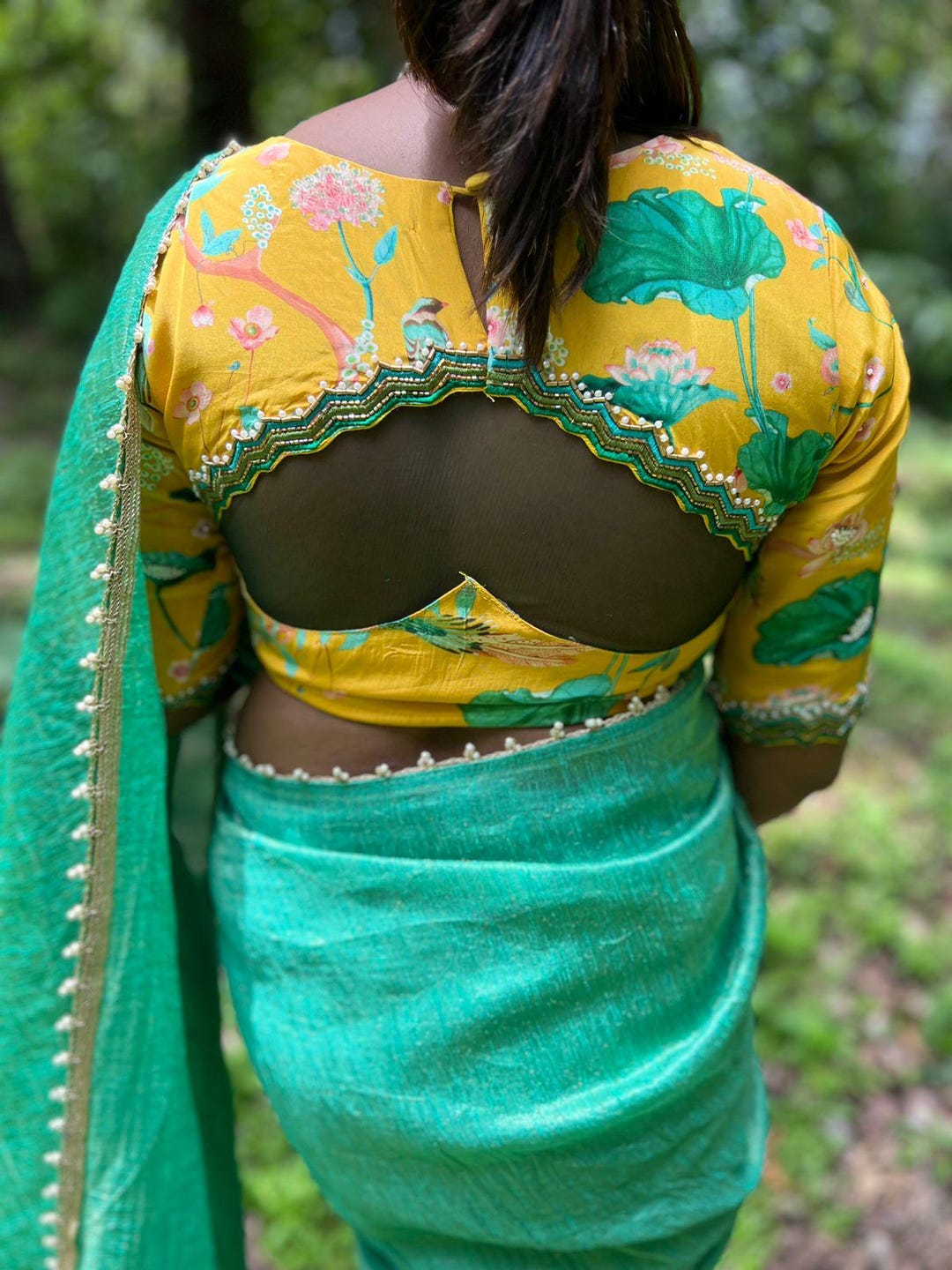Handwoven Tissue Saree - Fire Bush + Pesto Green