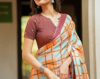 Multi checked kota saree with brown embroidery blouse