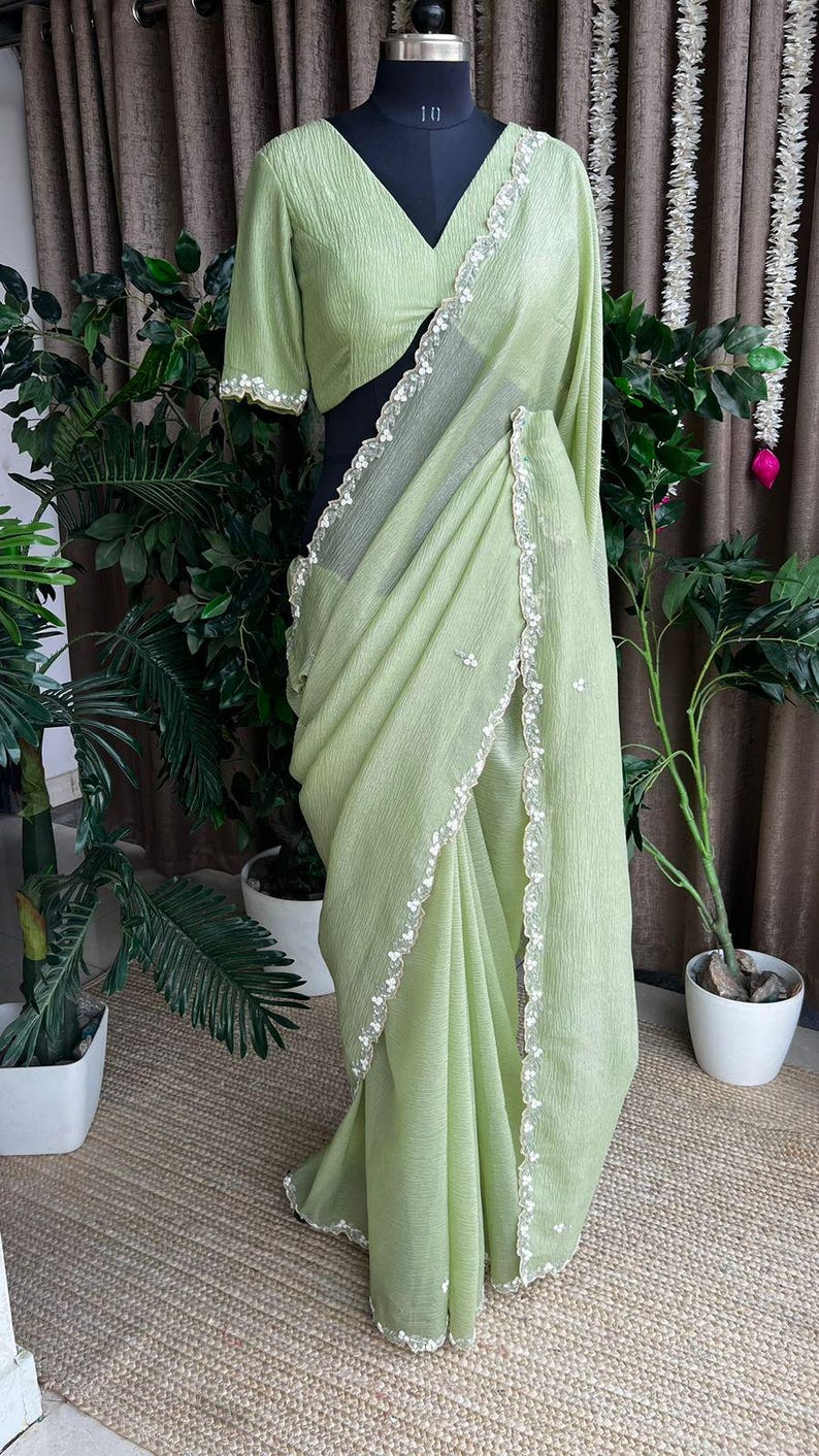Lime Green Crush Tissue Saree with Intricate Thread Woven Border