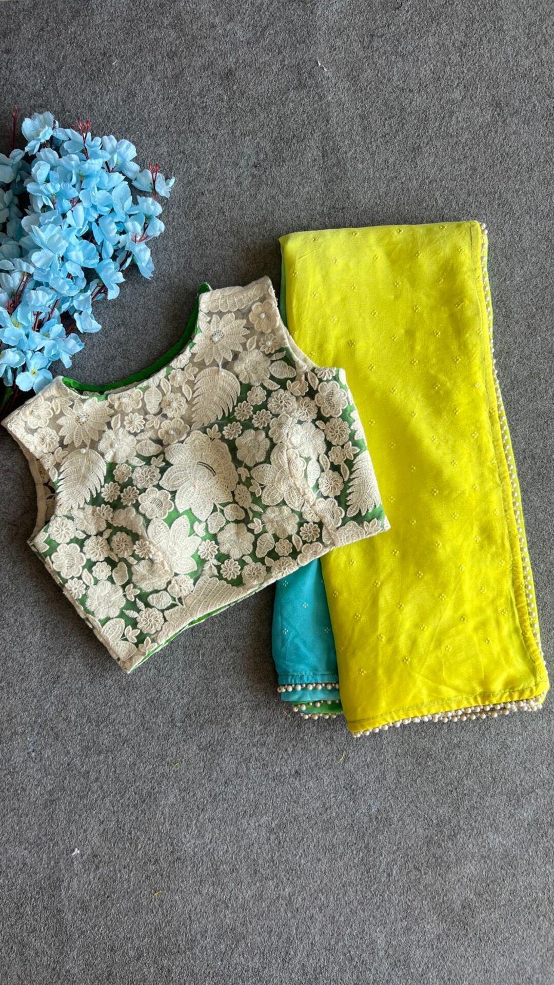 Pure Chinnon Saree with Embroidery, Work & Peacock Butta Motifs – Heavy Embroidered Blouse