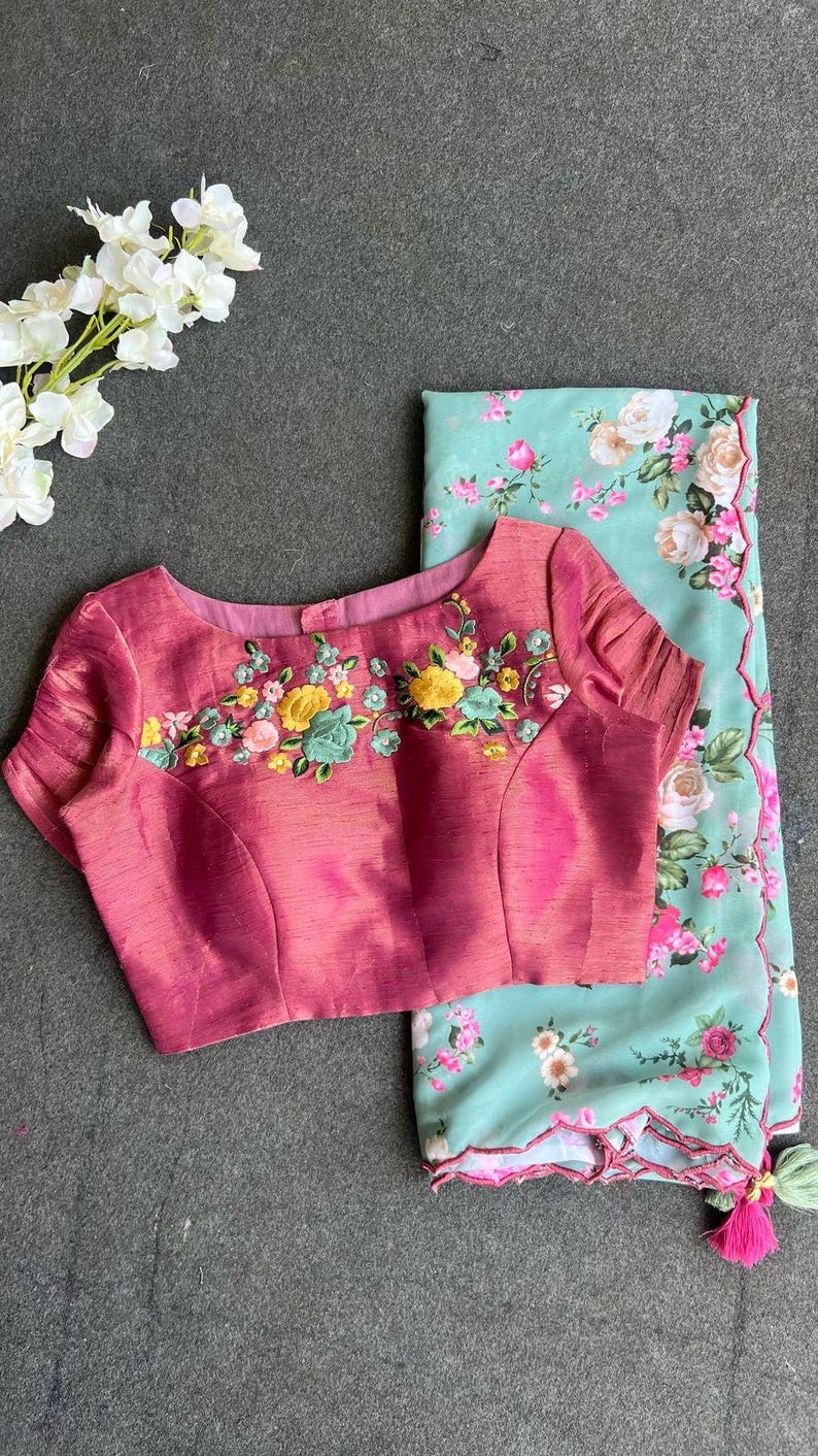 Blue Floral Georgette Saree With Pink Embroidery Blouse - Etsy