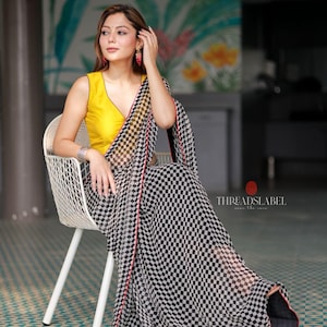 Black & white matrix chiffon saree with chess blouse