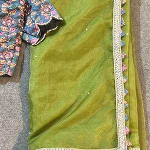 Green soft organza saree with cotton handwork blouse image 7