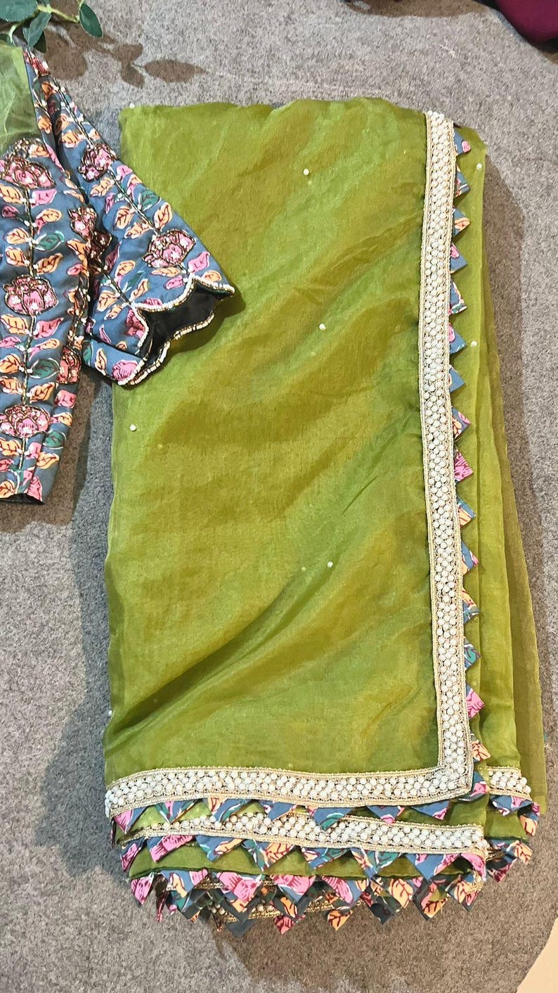 Green soft organza saree with cotton handwork blouse image 7