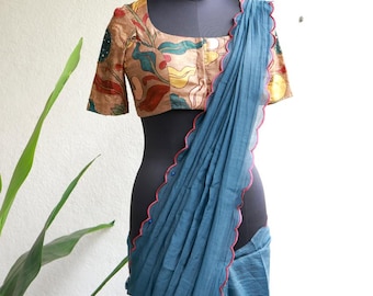 Blue malai cotton saree with kalamkari handwork blouse