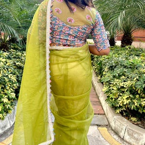 Green soft organza saree with cotton handwork blouse image 4