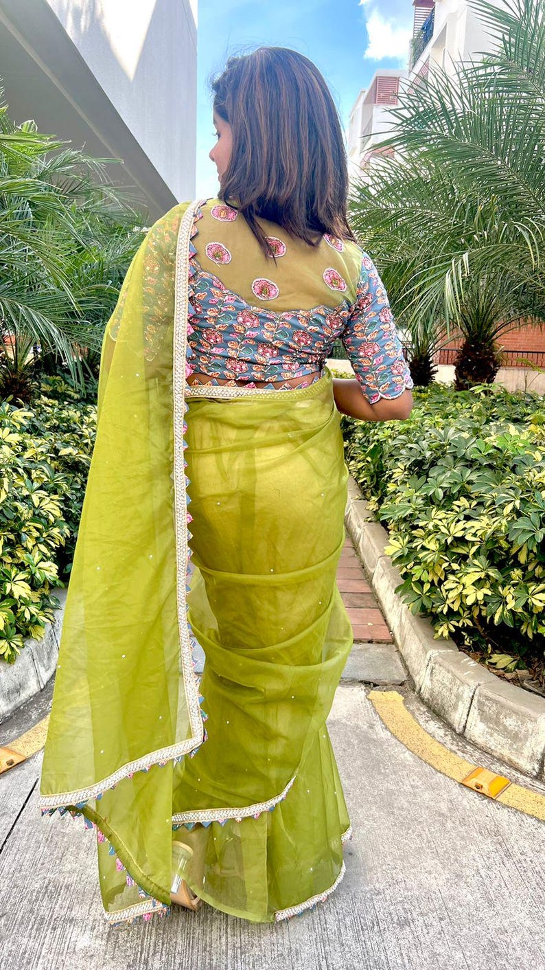 Green soft organza saree with cotton handwork blouse image 4