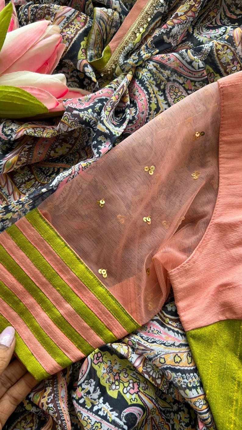 Midnight blue paisleys chiffon saree with hand worked blouse image 9