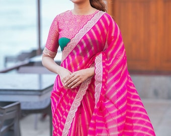 Pink organza silk saree with banarasi blouse