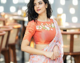 Liliac chiffon saree with tissue hand work blouse