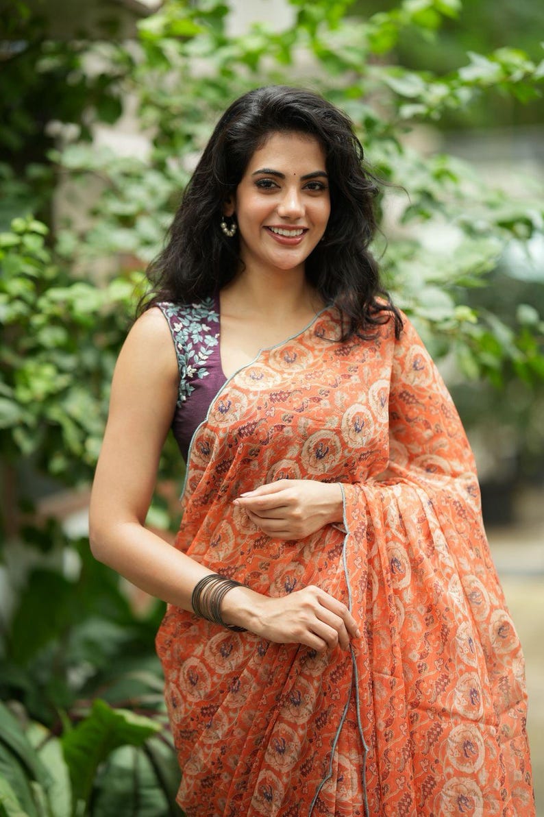 Pastel peach chiffon saree with brown hand work blouse image 2