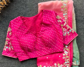 Pink & pista soft organza saree with pink hand work blouse