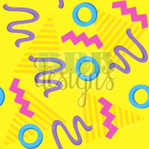 Könnte beinhalten: Ein nahtloses Muster mit einem leuchtend gelben Hintergrund, das geometrische Formen in Blau, Lila, Rosa und Weiß zeigt. Die Formen umfassen Kreise, Zickzacklinien, Streifen und Wellenlinien. Der Text "BRB Designs" wird im gesamten Muster wiederholt.