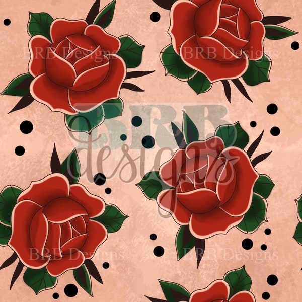 Red Rose Tattoo Hand Drawn Seamless Digital PNG File