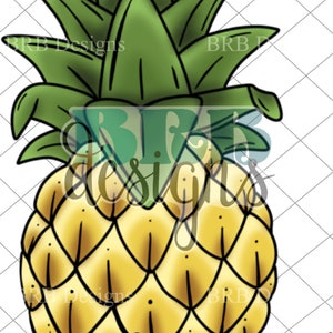 Könnte beinhalten: Eine gelbe Ananas mit grünen Blättern und einer rosa Blume am Boden. Die Ananas ist im Cartoon-Stil gezeichnet.
