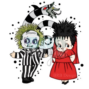 May include: A black and white striped character with green hair and a red and black striped character with black hair. The characters are standing in front of a black and white striped creature with a red mouth. The background is white with black dots.