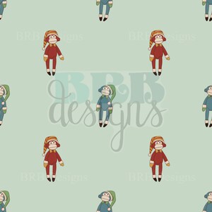 May include: A seamless pattern featuring a repeating design of red and blue sock monkey illustrations wearing hats. The background is a light blue-green colour. The text "BRB Designs" is repeated throughout the pattern.