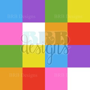 Könnte beinhalten: Ein farbenfrohes quadratisches Design mit dem Text "BRB Designs", der sich wiederholt. Das Design zeigt eine Vielzahl von Farben, darunter Blau, Lila, Grün, Gelb, Rosa, Orange und Rot.