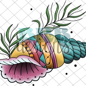 May include: A colorful seashell with a pink and white clam shell and a blue and yellow spiral shell. A green leafy branch is behind the shells.