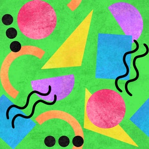 Könnte beinhalten: Ein nahtloses Muster mit geometrischen Formen in leuchtenden Farben auf grünem Hintergrund. Die Formen umfassen Kreise, Dreiecke, Quadrate und Halbkreise. Die Farben sind Pink, Gelb, Blau, Lila und Orange.