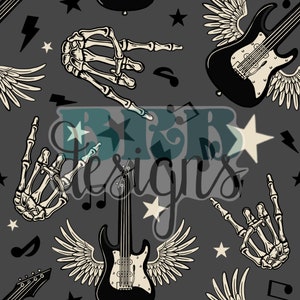 Könnte beinhalten: Ein nahtloses Muster mit schwarzen E-Gitarren mit Flügeln, Skeletthänden, die Rock'n'Roll-Handgesten machen, und weißen Sternen auf grauem Hintergrund.