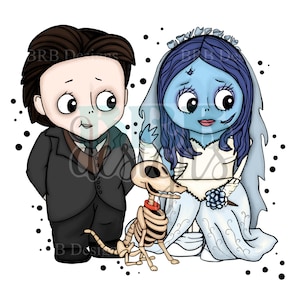 May include: A cartoon illustration of a wedding couple, a groom in a black suit and a bride in a white dress with a blue veil, and a skeletal dog. The bride has blue skin and a stitched-up mouth. The groom has brown hair and a black bow tie. The dog has a red collar.