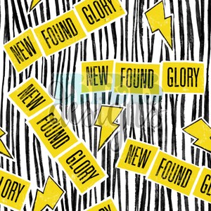 May include: A seamless pattern featuring the text "NEW FOUND GLORY" in black on yellow rectangular blocks, interspersed with yellow lightning bolt shapes. The background consists of black and white vertical stripes.
